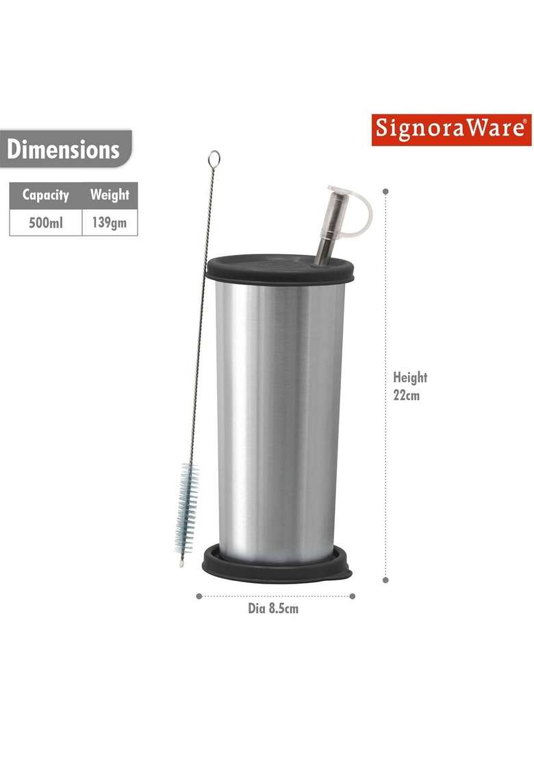 SIGNORA WARE Signoraware Sip Fast Stainless Steel Tumbler with Steel Straw and 2 Lids | 500 ml | 16.9 fl oz | Leak Proof - Indya