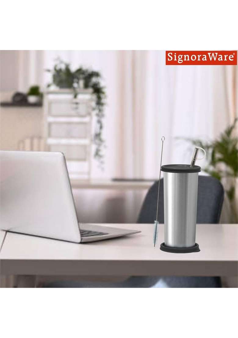 SIGNORA WARE Signoraware Sip Fast Stainless Steel Tumbler with Steel Straw and 2 Lids | 500 ml | 16.9 fl oz | Leak Proof - Indya