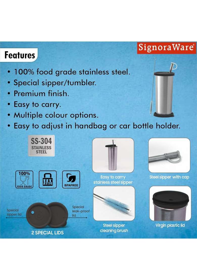 SIGNORA WARE Signoraware Sip Fast Stainless Steel Tumbler with Steel Straw and 2 Lids | 500 ml | 16.9 fl oz | Leak Proof - Indya