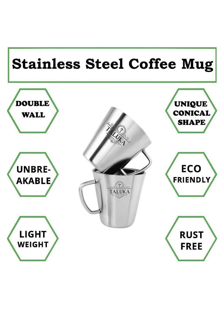 Taluka With T Logo Taluka Stainless Steel Coffee Mug Double Wall Insulated Tea Cup | 400 ml | 13.5 fl oz | Pack of 2 - Indya