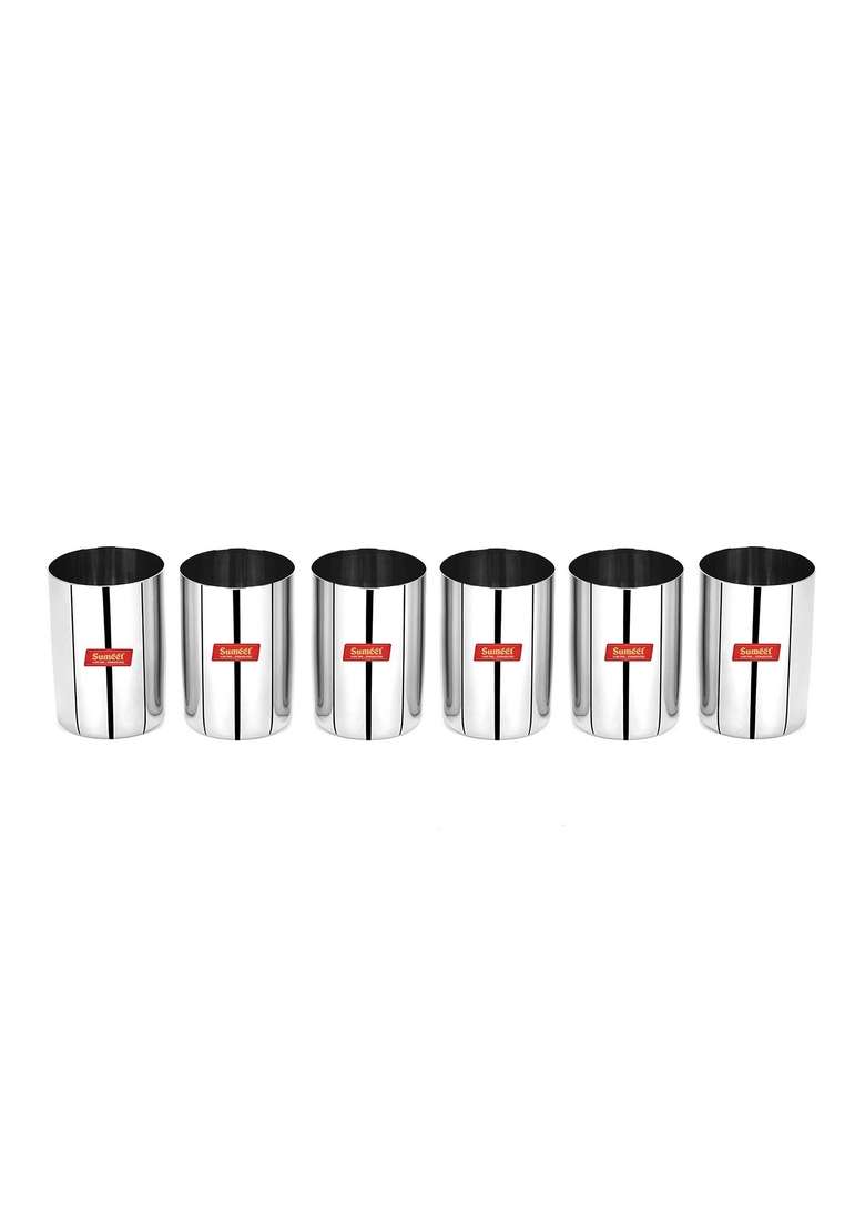 Sumeet Stainless Steel Mirror Finish Circle Shape Heavy Gauge Glass Pcs | 300 ml | 10.1 fl oz | 6.5 cm | 2.6 Inch | 6-Piece Set - Indya