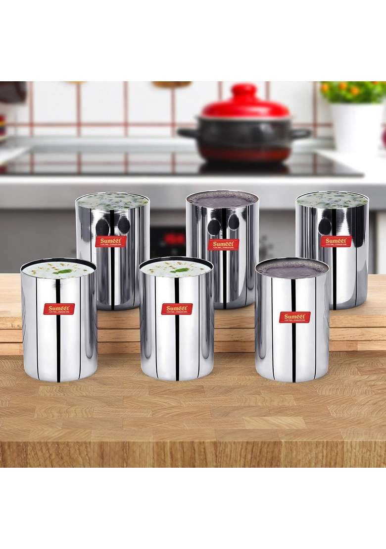 Sumeet Stainless Steel Mirror Finish Circle Shape Heavy Gauge Glass Pcs | 300 ml | 10.1 fl oz | 6.5 cm | 2.6 Inch | 6-Piece Set - Indya
