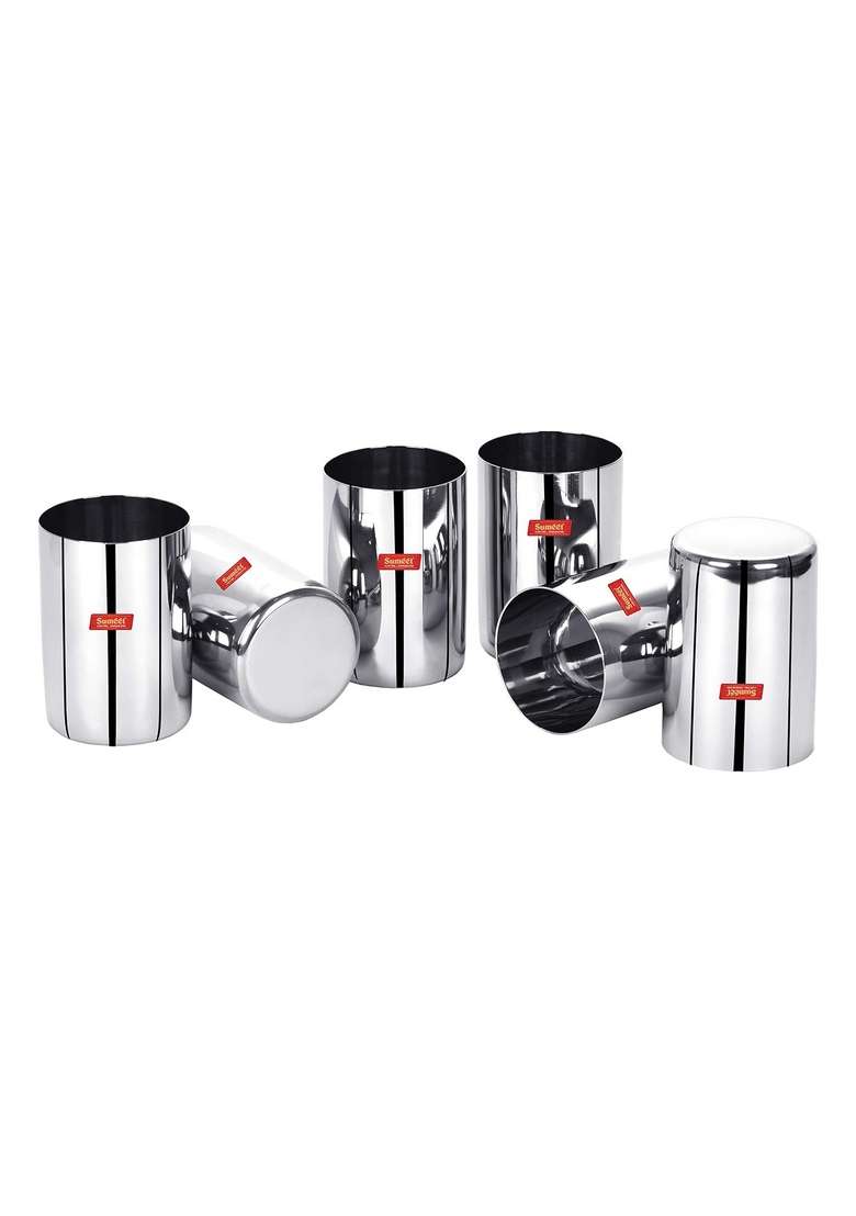 Sumeet Stainless Steel Mirror Finish Circle Shape Heavy Gauge Glass Pcs | 300 ml | 10.1 fl oz | 6.5 cm | 2.6 Inch | 6-Piece Set - Indya