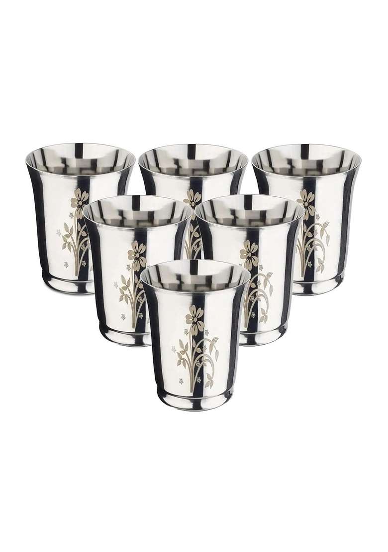 KC Stainless Steel Water Glasses Pari Design with Laser Flower Design | 350 ml | 11.8 fl oz | 6-Piece Set - Indya