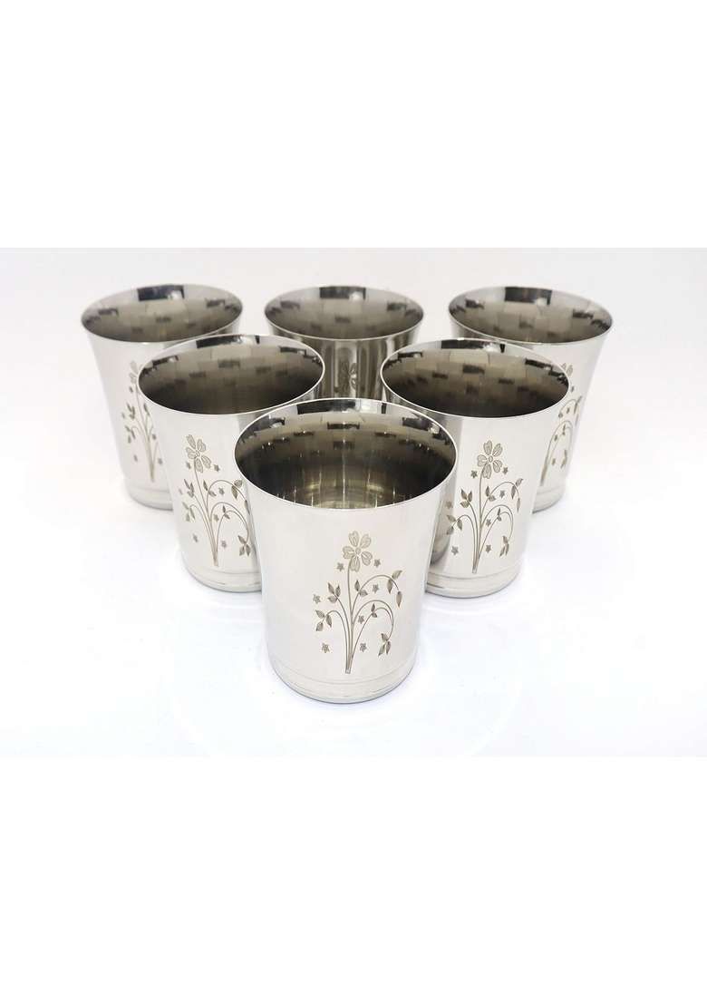 KC Stainless Steel Water Glasses Pari Design with Laser Flower Design | 350 ml | 11.8 fl oz | 6-Piece Set - Indya