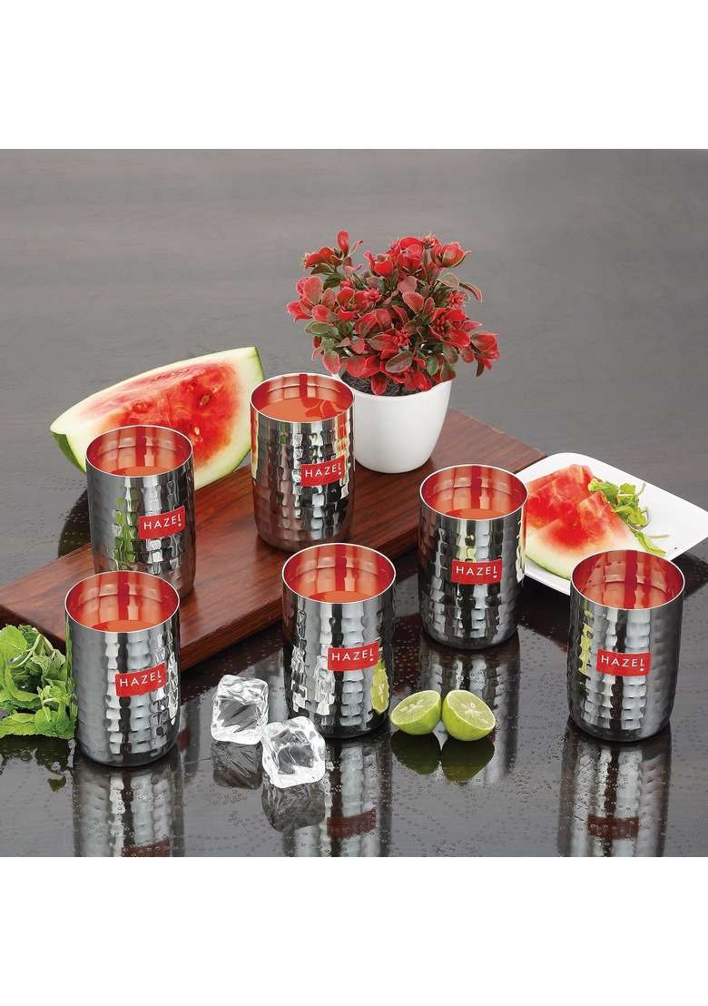 HAZEL Stainless Steel Glasses for Water and Juice | 350 ml | 11.8 fl oz | 6-Piece Set | Dishwasher Safe | Hammered Finish - Indya