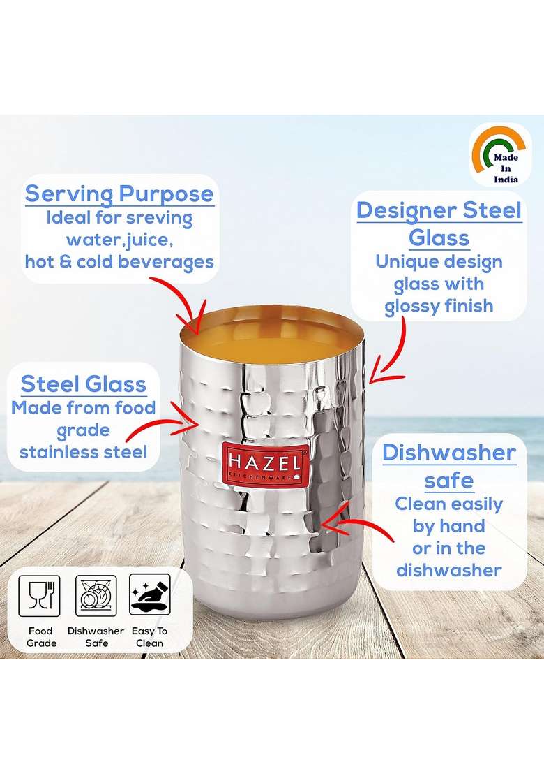 HAZEL Stainless Steel Glasses for Water and Juice | 350 ml | 11.8 fl oz | 6-Piece Set | Dishwasher Safe | Hammered Finish - Indya