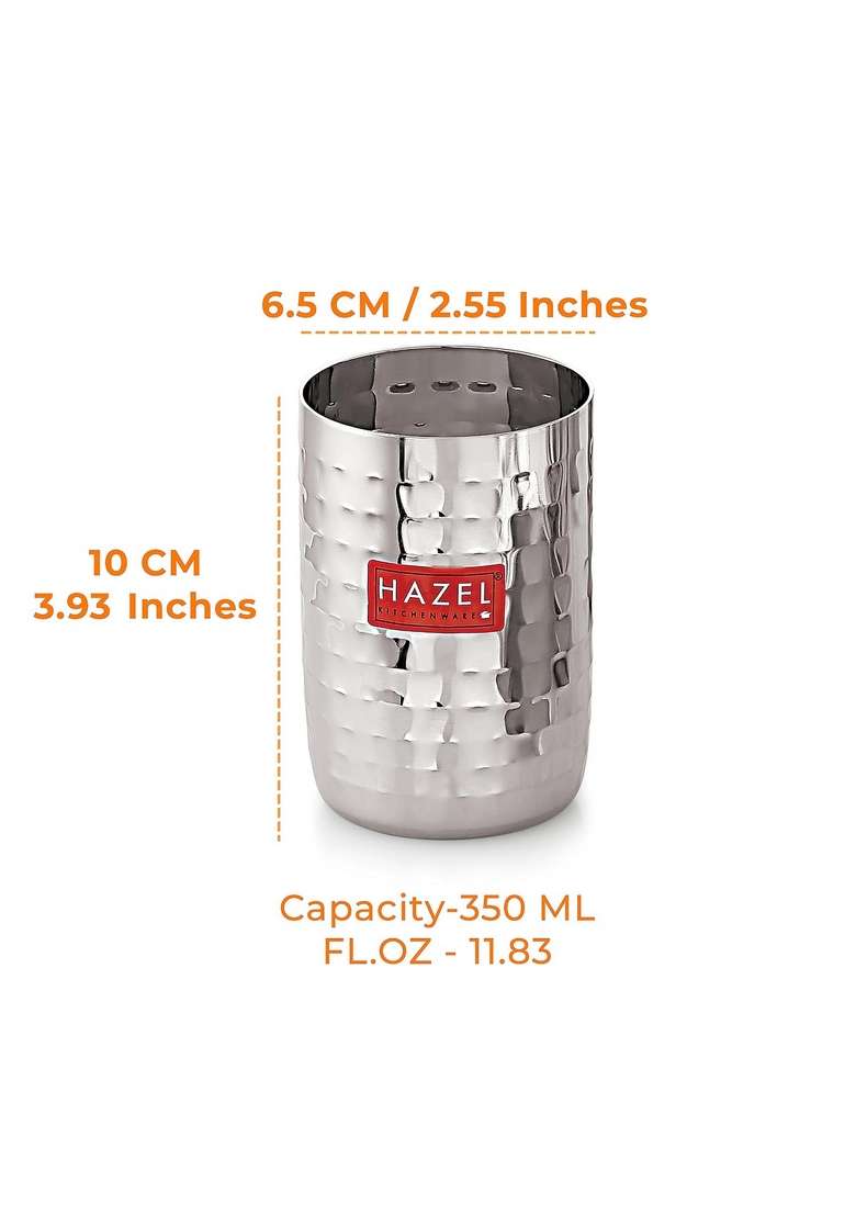 HAZEL Stainless Steel Glasses for Water and Juice | 350 ml | 11.8 fl oz | 6-Piece Set | Dishwasher Safe | Hammered Finish - Indya