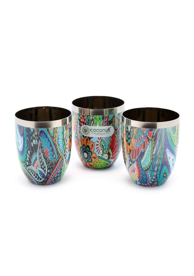 coconut Stainless Steel Mystic Color Glass | 300 ml | 10.1 fl oz | Pack of 3 - Indya