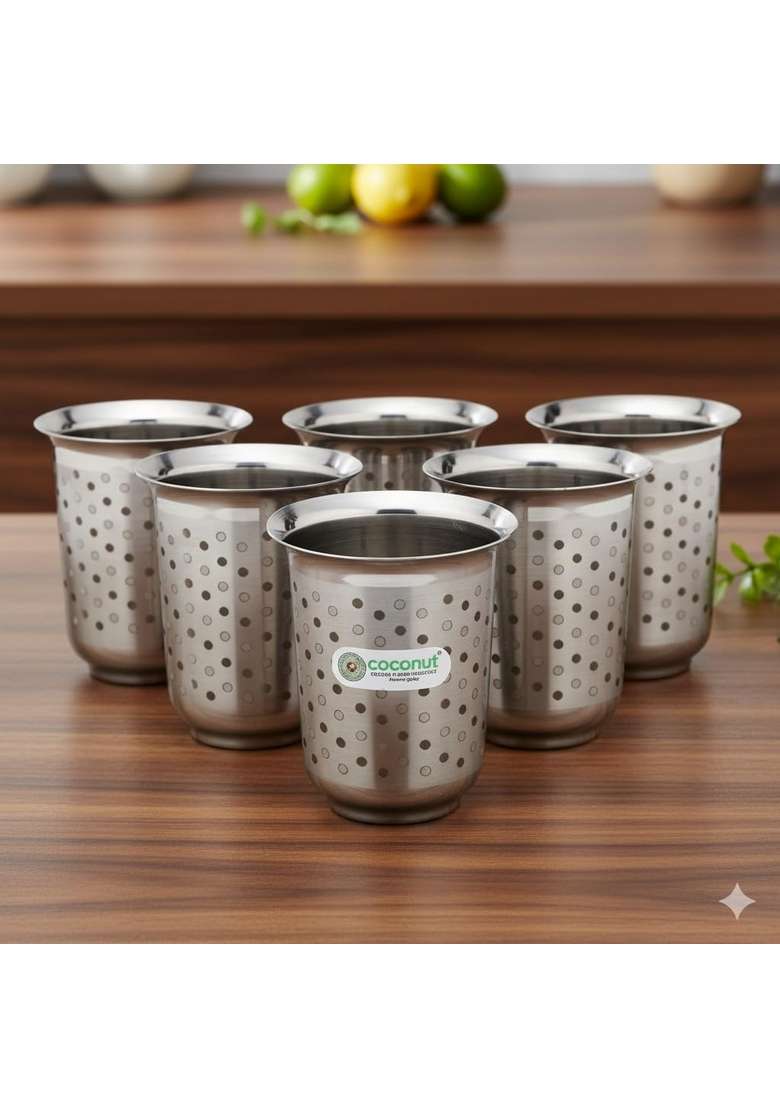coconut Stainless Steel C2 Series Taurus Glass Set with Laser Engraved Polka Dot | 300 ml | 10.1 fl oz | 6-Piece Set - Indya