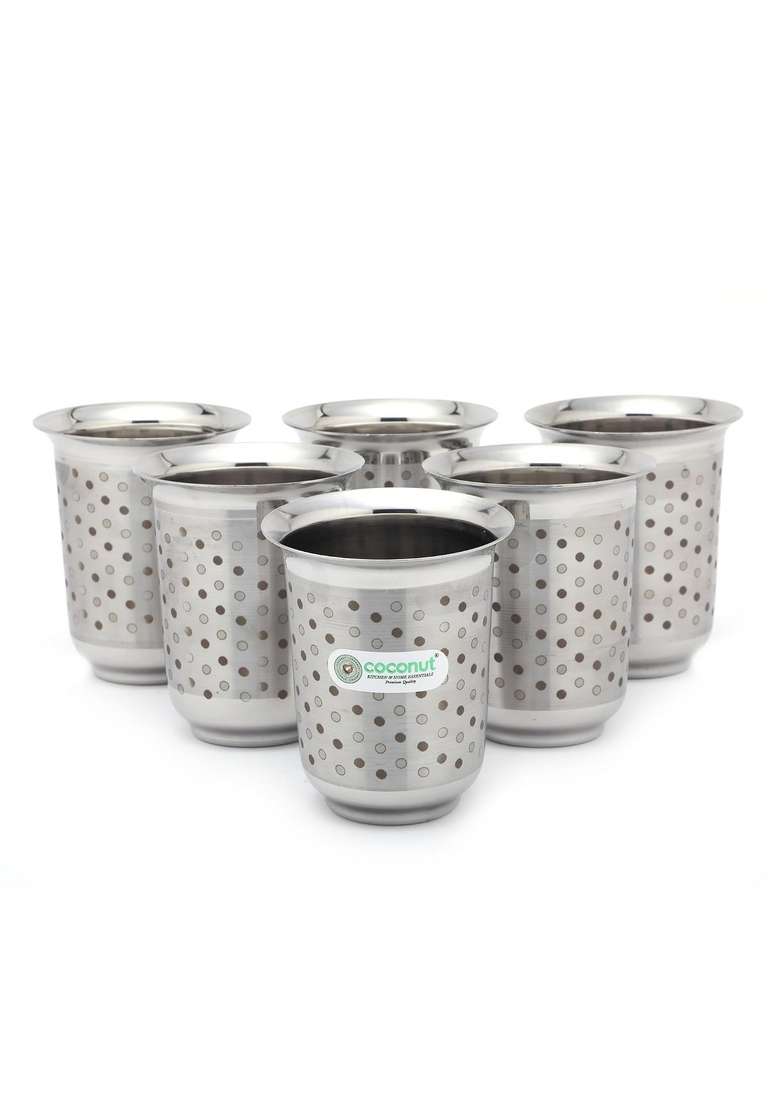 coconut Stainless Steel C2 Series Taurus Glass Set with Laser Engraved Polka Dot | 300 ml | 10.1 fl oz | 6-Piece Set - Indya