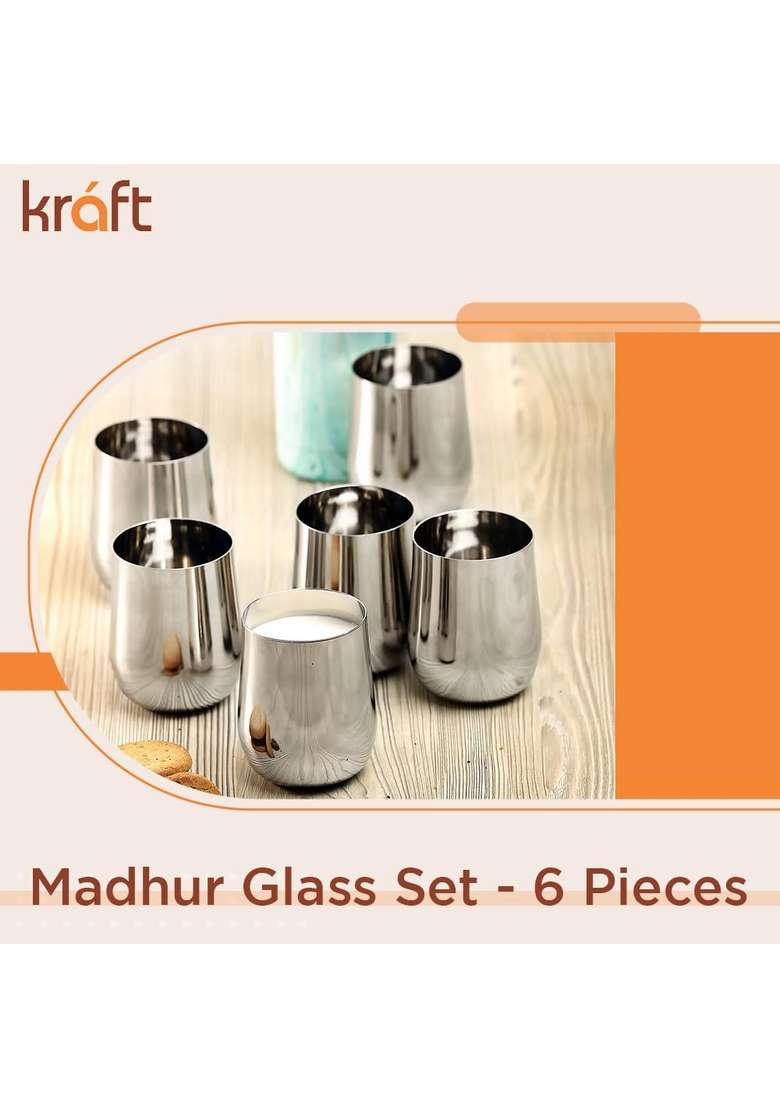 Kraft- follow your imagination Kraft Madhur Stainless Steel Glass | 400 ml | 13.5 fl oz | 6-Piece Set | Food Safe - Indya