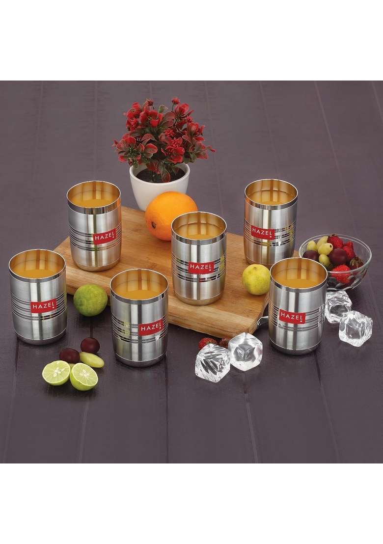 HAZEL Stainless Steel Glasses for Water and Juice | 350 ml | 11.8 fl oz | 6-Piece Set | Dishwasher Safe - Indya