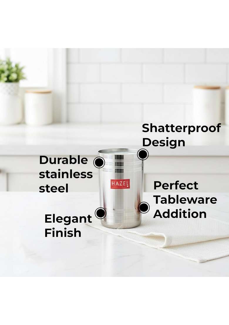 HAZEL Stainless Steel Glasses for Water and Juice | 350 ml | 11.8 fl oz | 6-Piece Set | Dishwasher Safe - Indya