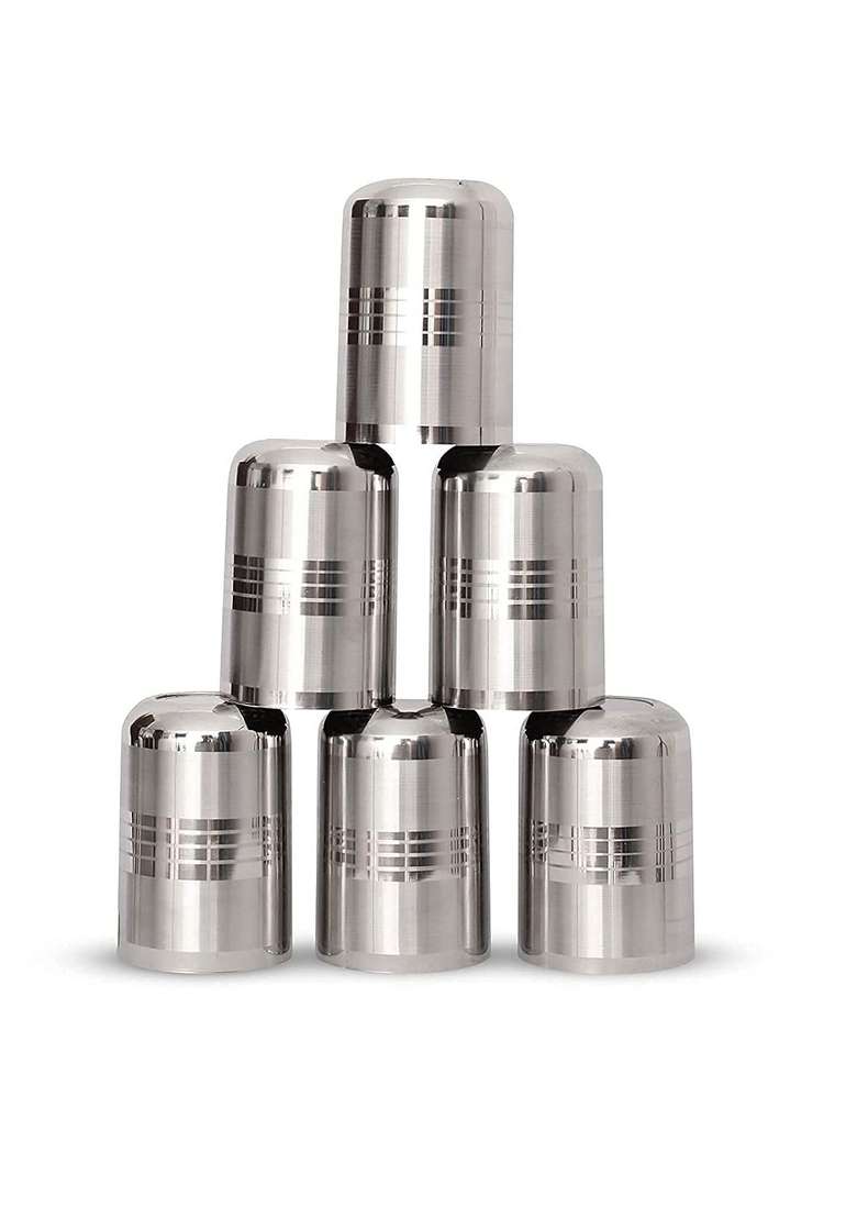 Bartan Star Round Silver Touch Design Heavy Stainless Steel Glasses | 250 ml | 8.5 fl oz - Indya