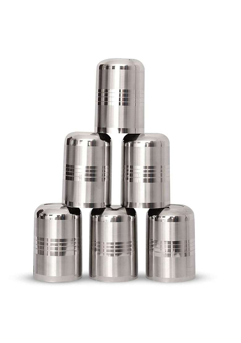 Bartan Star Round Silver Touch Design Heavy Stainless Steel Glasses | 250 ml | 8.5 fl oz - Indya