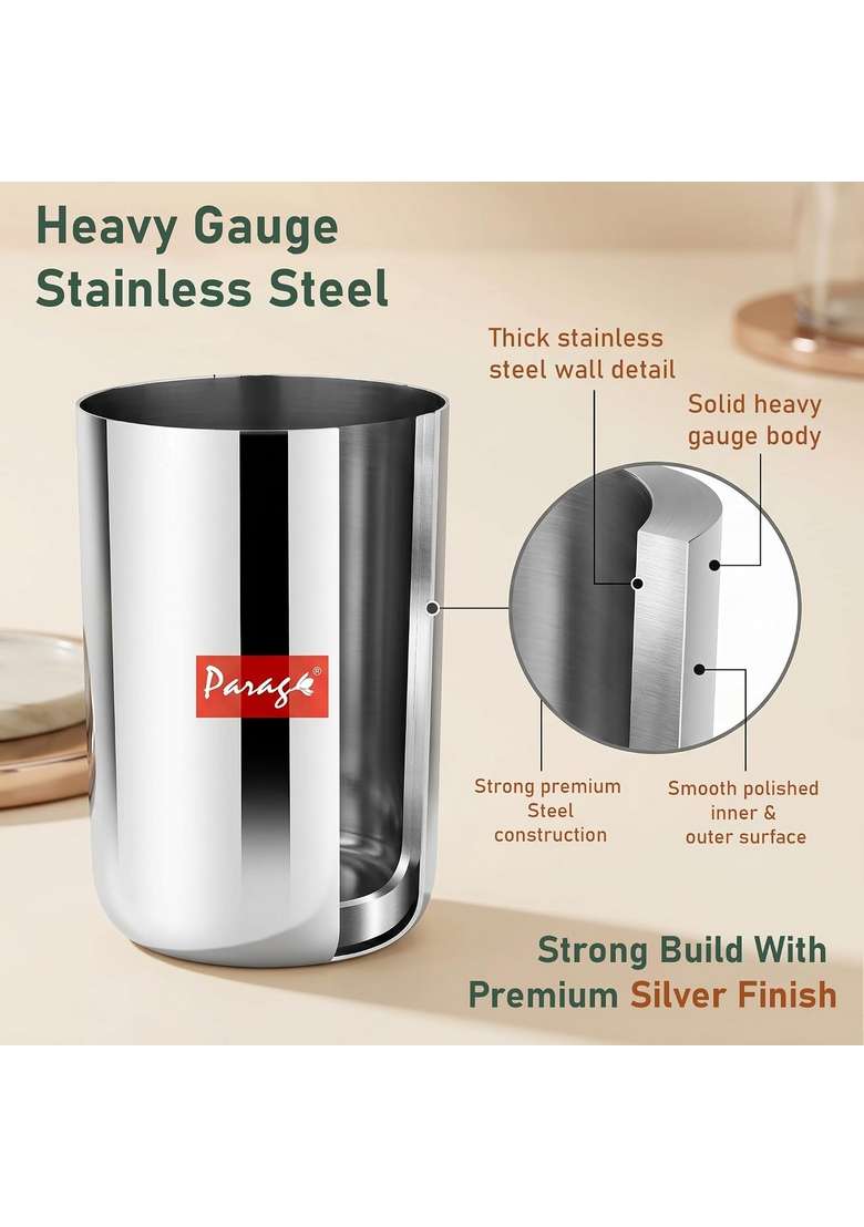 Parage Stainless Steel Heavy Gauge Glass Set Scratch Resistant | 300 ml | 10.1 fl oz | 6.5 cm | 2.6 Inch | 6-Piece Set - Indya