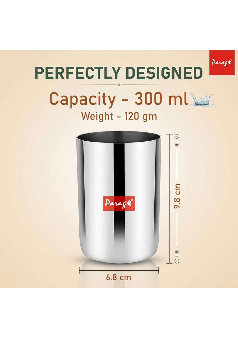 Parage Stainless Steel Heavy Gauge Glass Set Scratch Resistant | 300 ml | 10.1 fl oz | 6.5 cm | 2.6 Inch | 6-Piece Set - Indya
