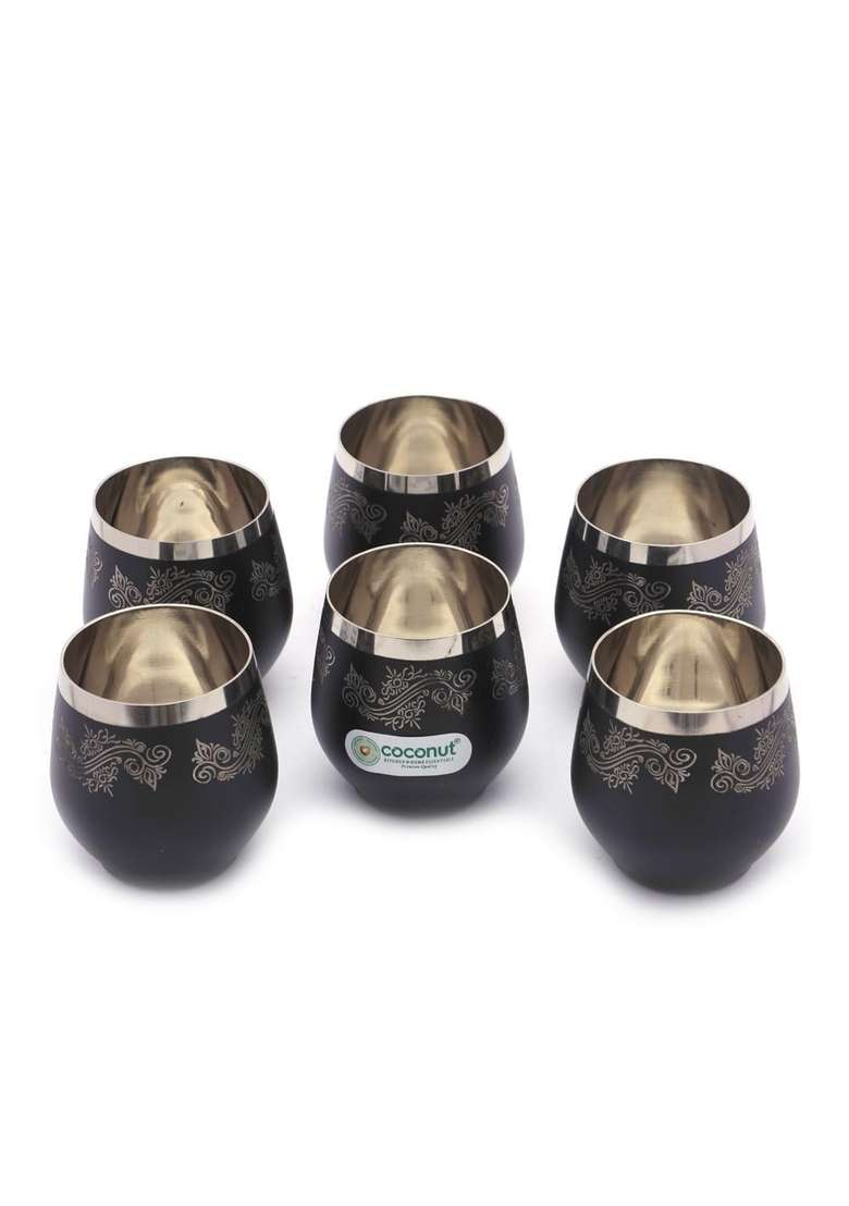 coconut Boomer Stainless Steel Water Juice Glass with Black Coating with Laser Design | 250 ml | 8.5 fl oz | 6-Piece Set - Indya