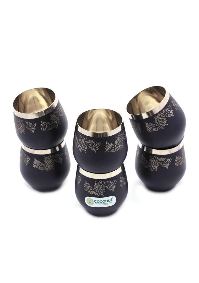 coconut Boomer Stainless Steel Water Juice Glass with Black Coating with Laser Design | 250 ml | 8.5 fl oz | 6-Piece Set - Indya