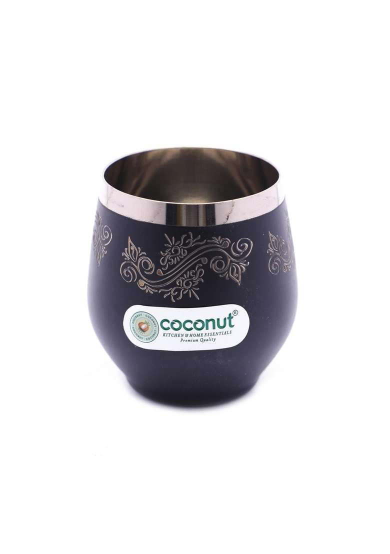 coconut Boomer Stainless Steel Water Juice Glass with Black Coating with Laser Design | 250 ml | 8.5 fl oz | 6-Piece Set - Indya