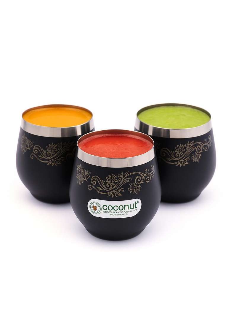 coconut Boomer Stainless Steel Water Juice Glass with Black Coating with Laser Design | 250 ml | 8.5 fl oz | 6-Piece Set - Indya