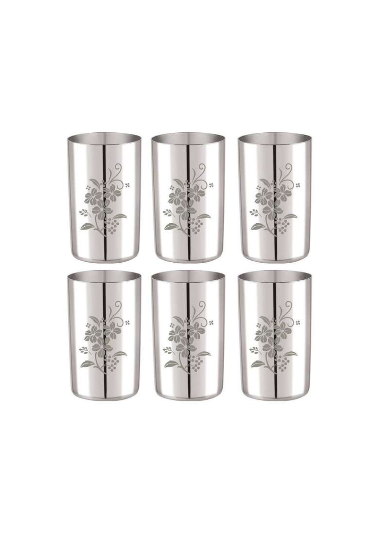 neelam Stainless Steel 7 22 Gauge Lazer Etching Amrapali Glass | 400 ml | 13.5 fl oz | 6-Piece Set - Indya