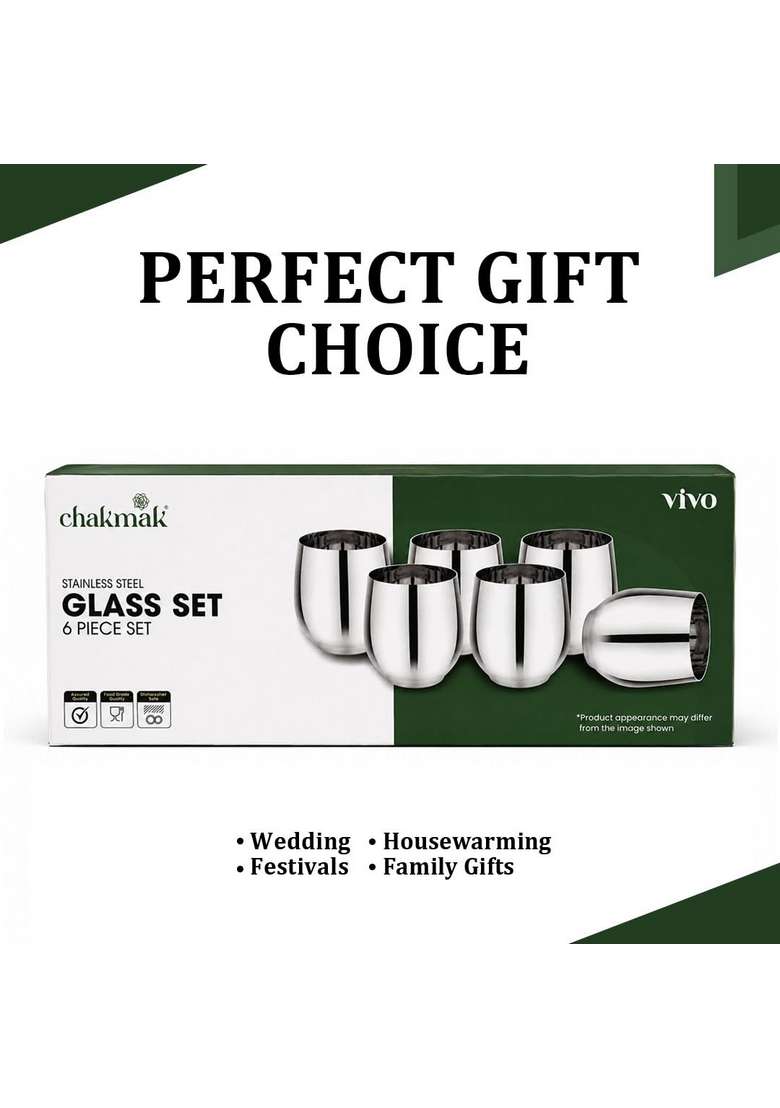 Chakmak Vivo Stainless Steel Glass | 400 ml | 13.5 fl oz | 6-Piece Set | Food Safe - Indya