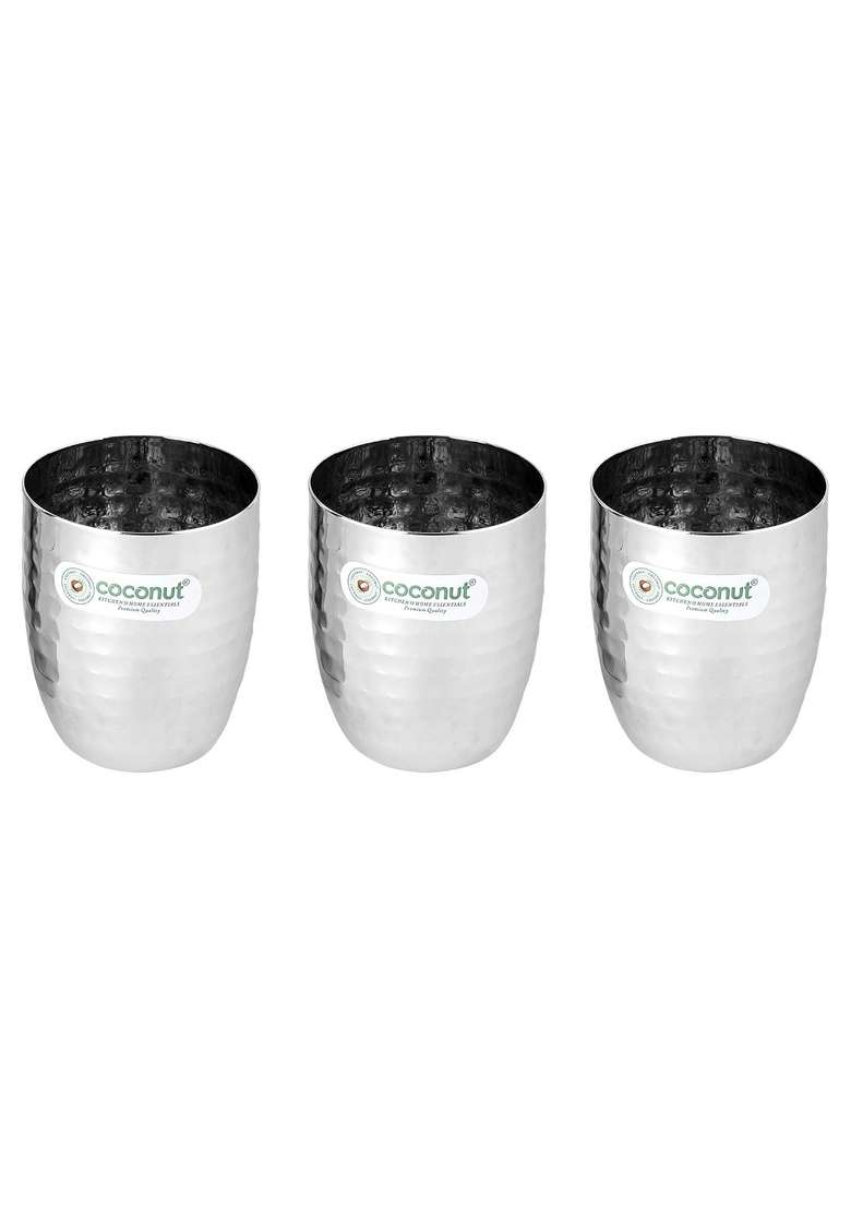 coconut Stainless Steel Hammered Design Water Glass Set | 300 ml | 10.1 fl oz | 3-Piece Set - Indya