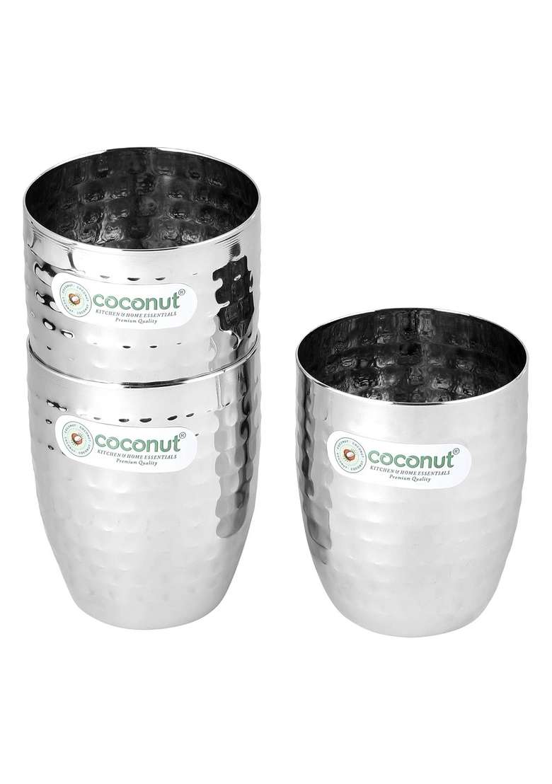 coconut Stainless Steel Hammered Design Water Glass Set | 300 ml | 10.1 fl oz | 3-Piece Set - Indya
