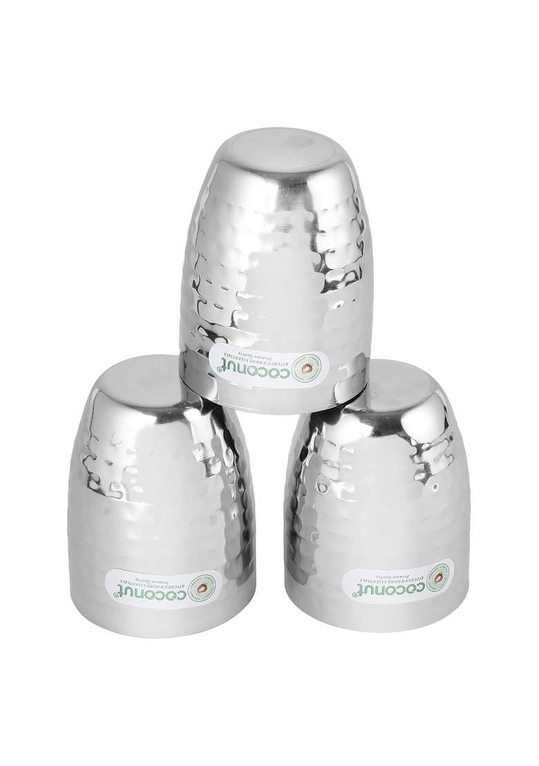 coconut Stainless Steel Hammered Design Water Glass Set | 300 ml | 10.1 fl oz | 3-Piece Set - Indya