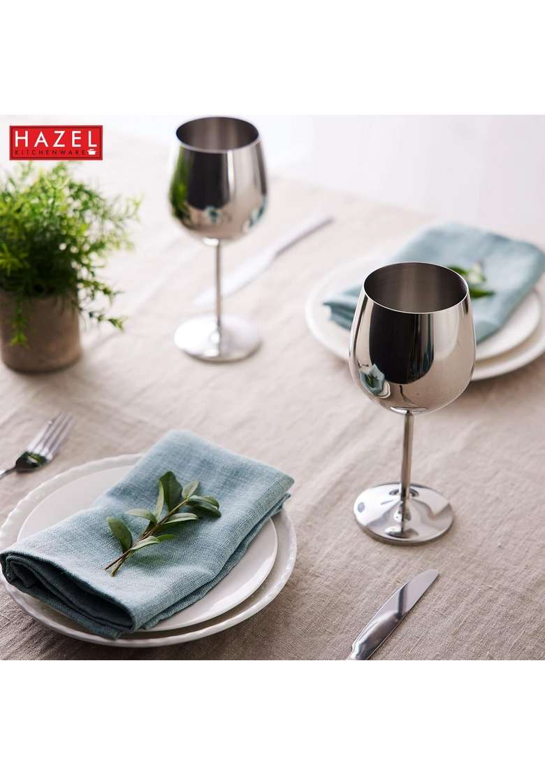 HAZEL Stainless Steel Goblet Wine Glass | 250 ml | 8.5 fl oz | 2-Piece Set - Indya