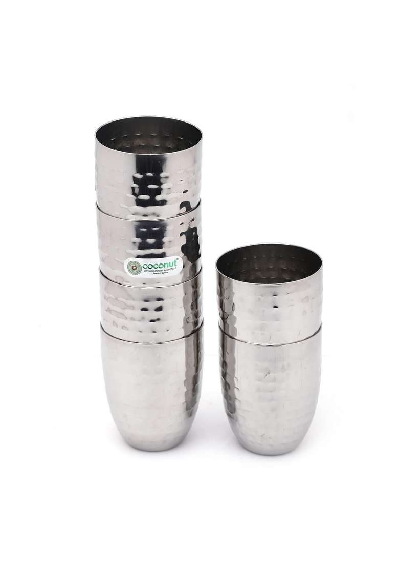 Coconut Stainless Steel Hammered Glass | 250 ml | 8.5 fl oz | Pack of 6 - Indya