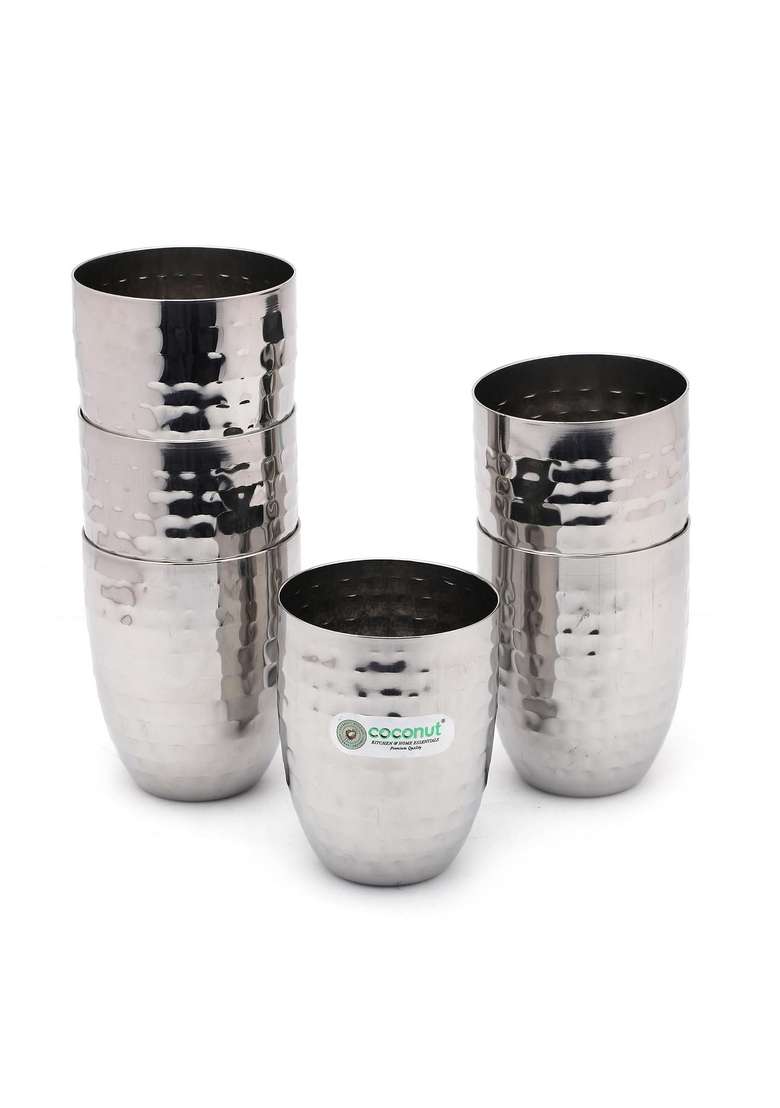 Coconut Stainless Steel Hammered Glass | 250 ml | 8.5 fl oz | Pack of 6 - Indya