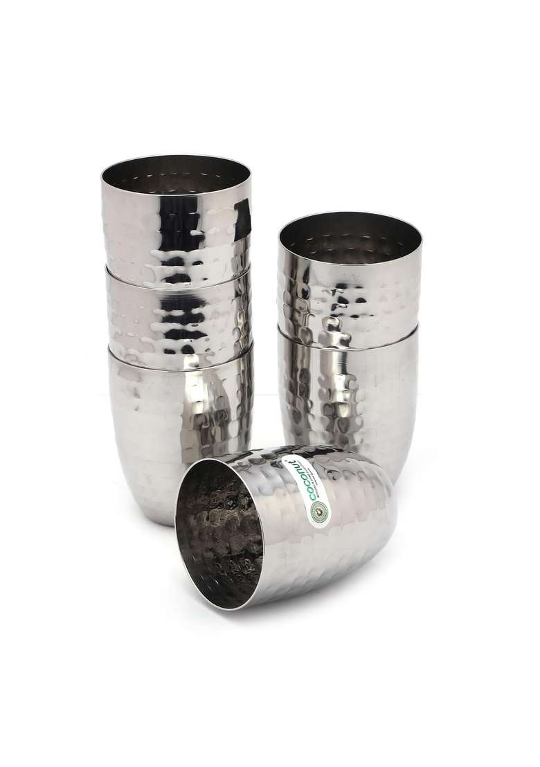 Coconut Stainless Steel Hammered Glass | 250 ml | 8.5 fl oz | Pack of 6 - Indya