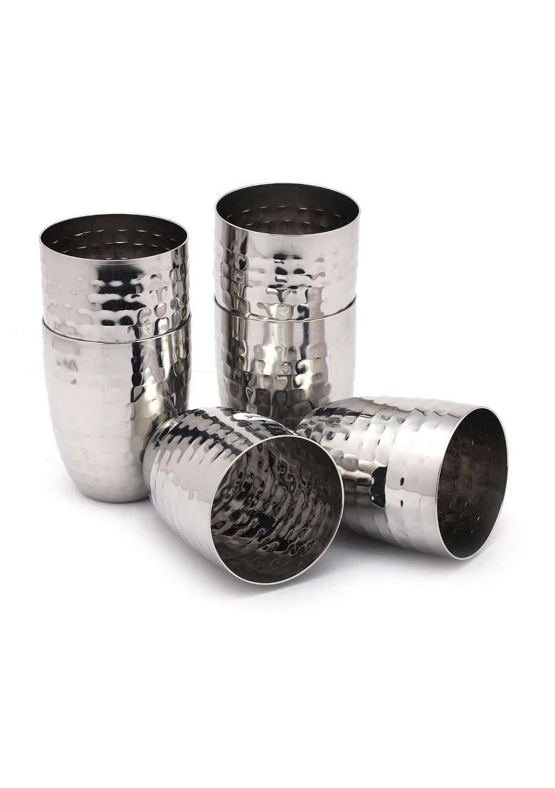 Coconut Stainless Steel Hammered Glass | 250 ml | 8.5 fl oz | Pack of 6 - Indya