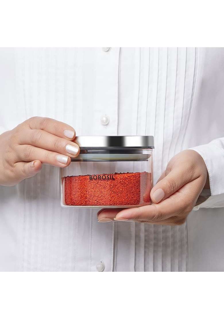 Borosil Classic Glass Jar with Airtight Stainless Steel Lid | 300 ml | 10.1 fl oz | Dishwasher Safe | Microwave Safe - Indya