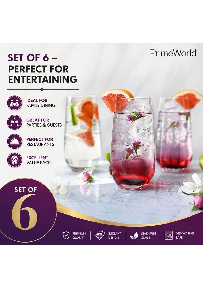 PrimeWorld European Diamond Crystal Clear Glasses Pcs | 300 ml | 10.1 fl oz | 6-Piece Set | Lead Free - Indya