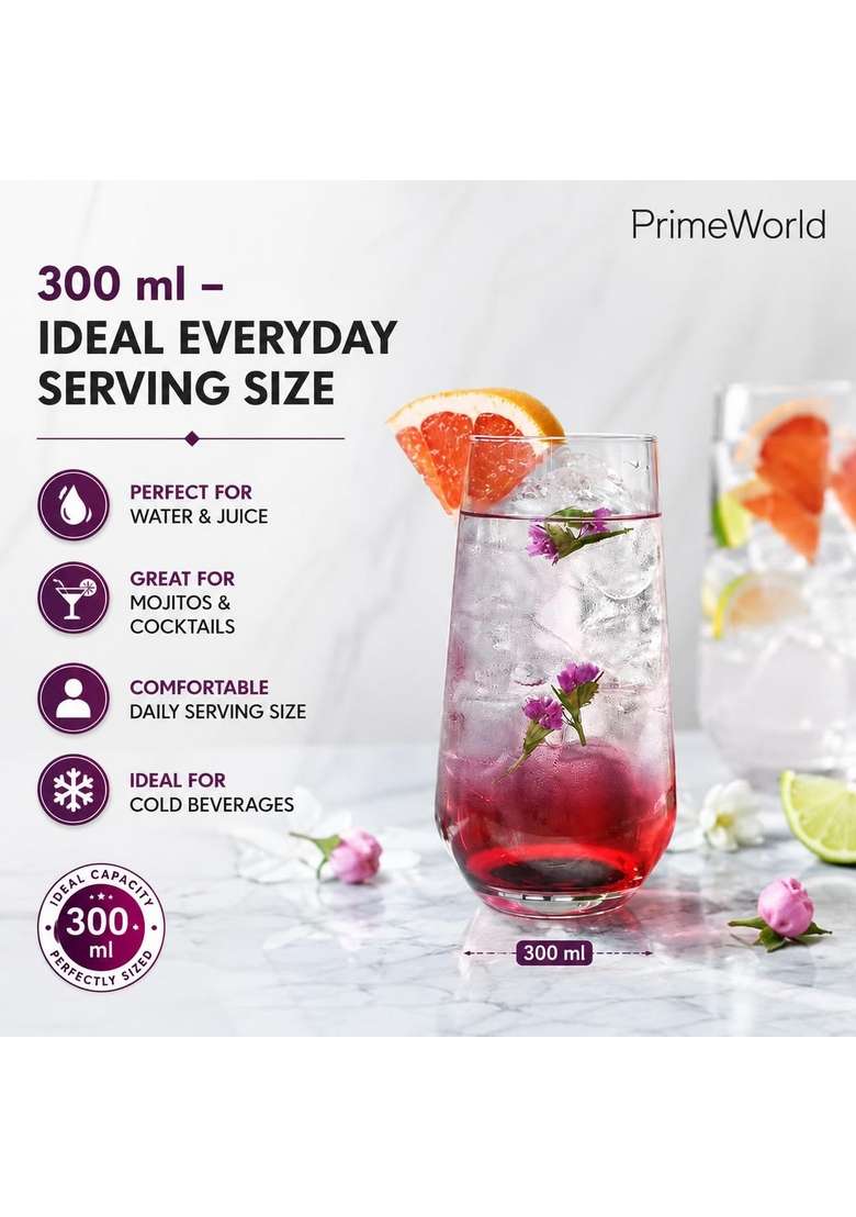 PrimeWorld European Diamond Crystal Clear Glasses Pcs | 300 ml | 10.1 fl oz | 6-Piece Set | Lead Free - Indya