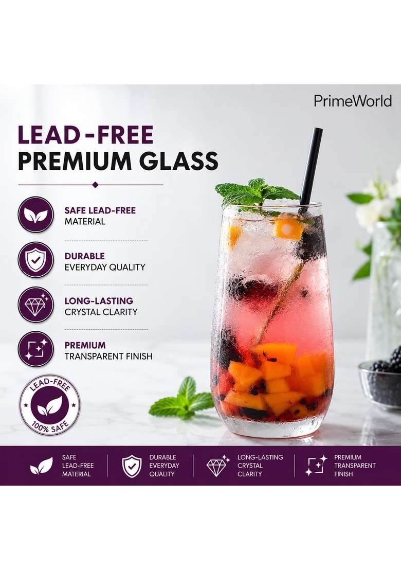 PrimeWorld European Diamond Crystal Clear Glasses Pcs | 300 ml | 10.1 fl oz | 6-Piece Set | Lead Free - Indya