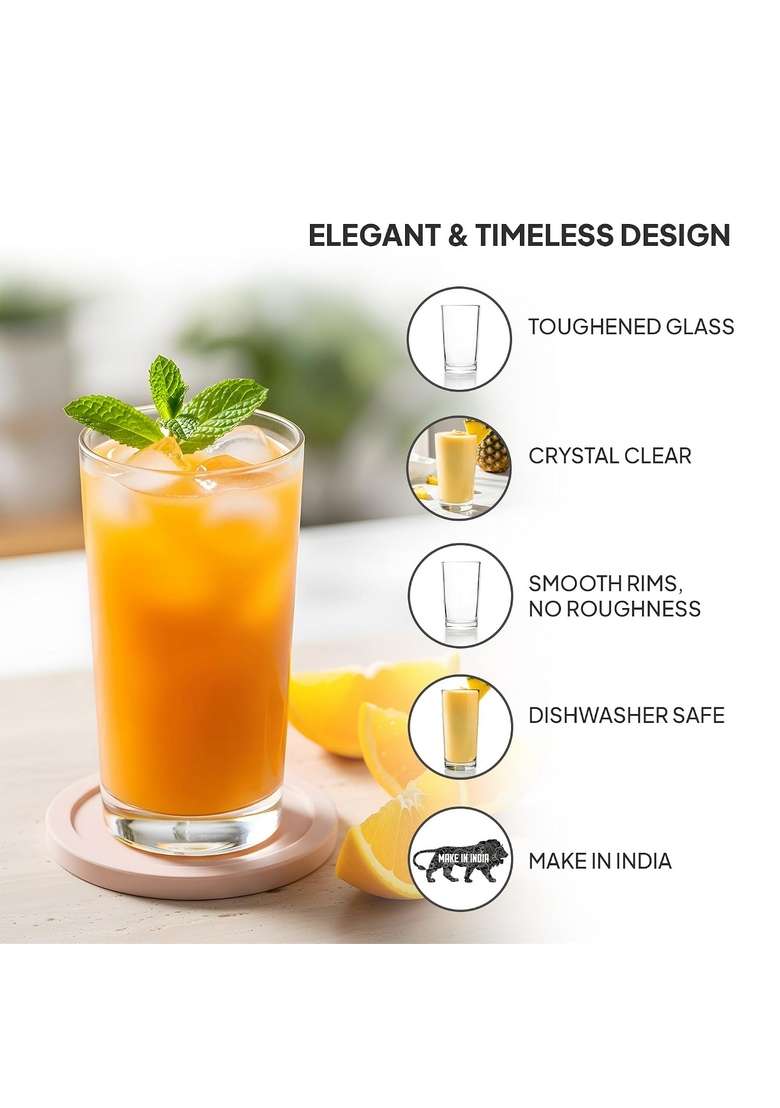 CELLO Liberty Hi-Ball Glass Pcs | 250 ml | 8.5 fl oz | 6-Piece Set | Dishwasher Safe | Lead Free - Indya