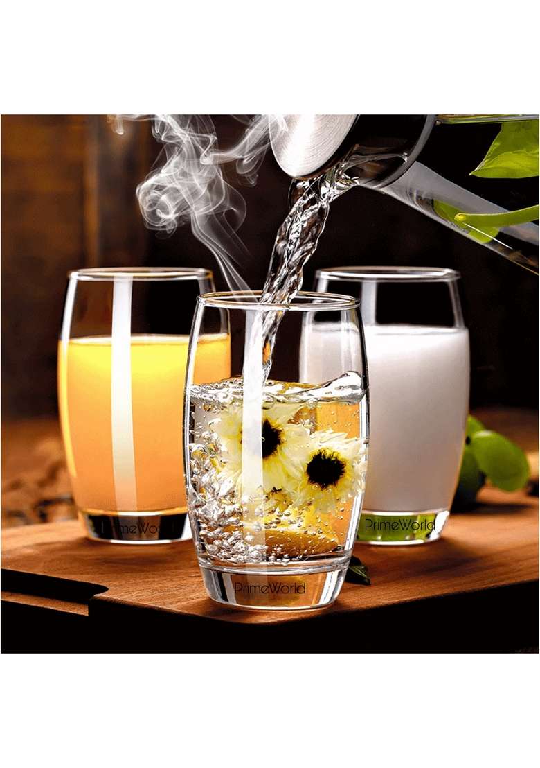 PrimeWorld European Barrel Plain Clear Water Glasses Pcs | 300 ml | 10.1 fl oz | 6-Piece Set | Lead Free - Indya