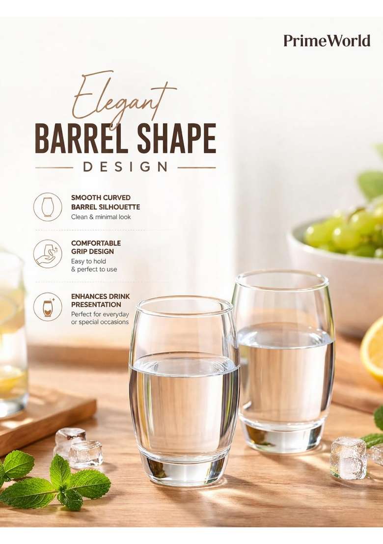 PrimeWorld European Barrel Plain Clear Water Glasses Pcs | 300 ml | 10.1 fl oz | 6-Piece Set | Lead Free - Indya