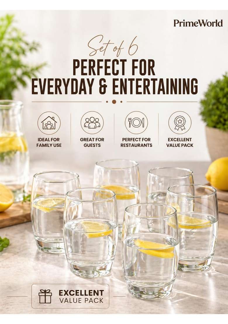 PrimeWorld European Barrel Plain Clear Water Glasses Pcs | 300 ml | 10.1 fl oz | 6-Piece Set | Lead Free - Indya