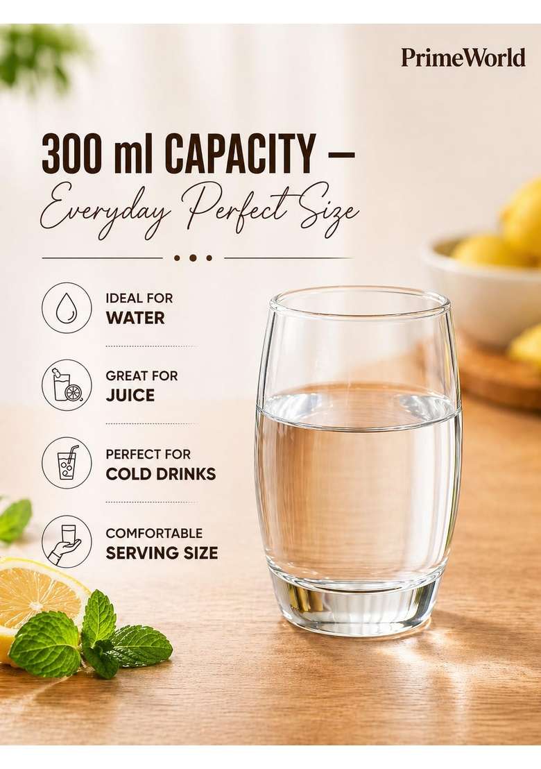 PrimeWorld European Barrel Plain Clear Water Glasses Pcs | 300 ml | 10.1 fl oz | 6-Piece Set | Lead Free - Indya