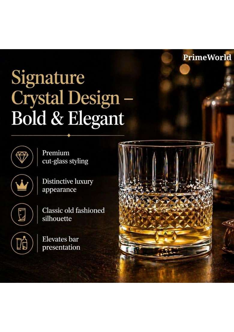 PrimeWorld Signature Crystal Whiskey Glasses Pcs- Bar Glass for Drinking Bourbon | 300 ml | 10.1 fl oz | 6-Piece Set - Indya
