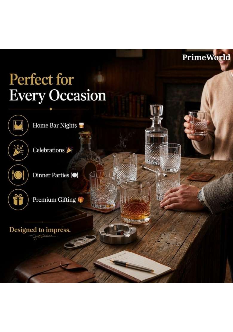 PrimeWorld Signature Crystal Whiskey Glasses Pcs- Bar Glass for Drinking Bourbon | 300 ml | 10.1 fl oz | 6-Piece Set - Indya