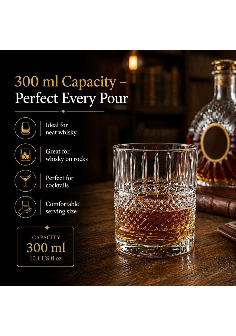 PrimeWorld Signature Crystal Whiskey Glasses Pcs- Bar Glass for Drinking Bourbon | 300 ml | 10.1 fl oz | 6-Piece Set - Indya