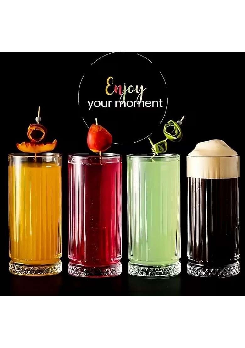 PrimeWorld Set of Tall Fluted Highball Glasses with Heavy Diamond Cut Base | 350 ml | 11.8 fl oz | 6-Piece Set - Indya