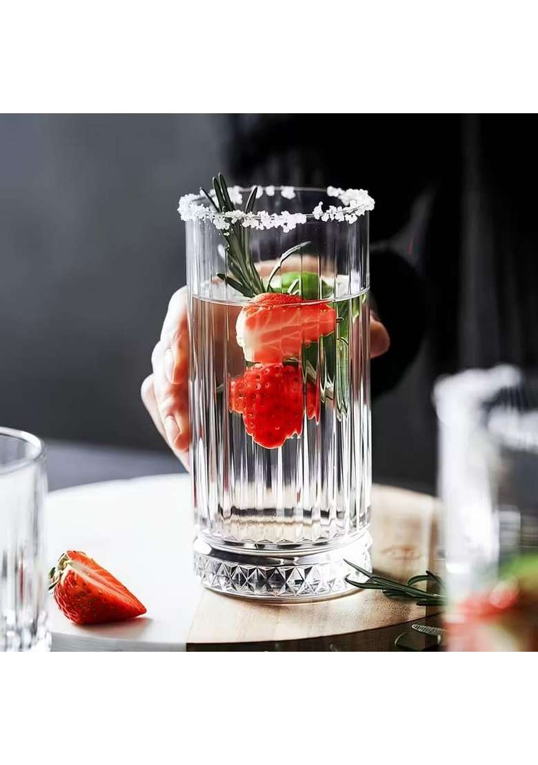PrimeWorld Set of Tall Fluted Highball Glasses with Heavy Diamond Cut Base | 350 ml | 11.8 fl oz | 6-Piece Set - Indya